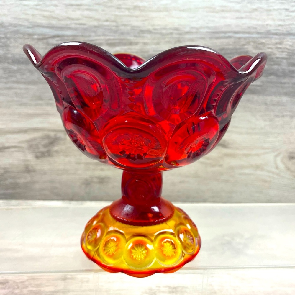 Moon And Star Amberina Glass Compote Pedestal Footed Candy Dish 5.25” X 5.5”